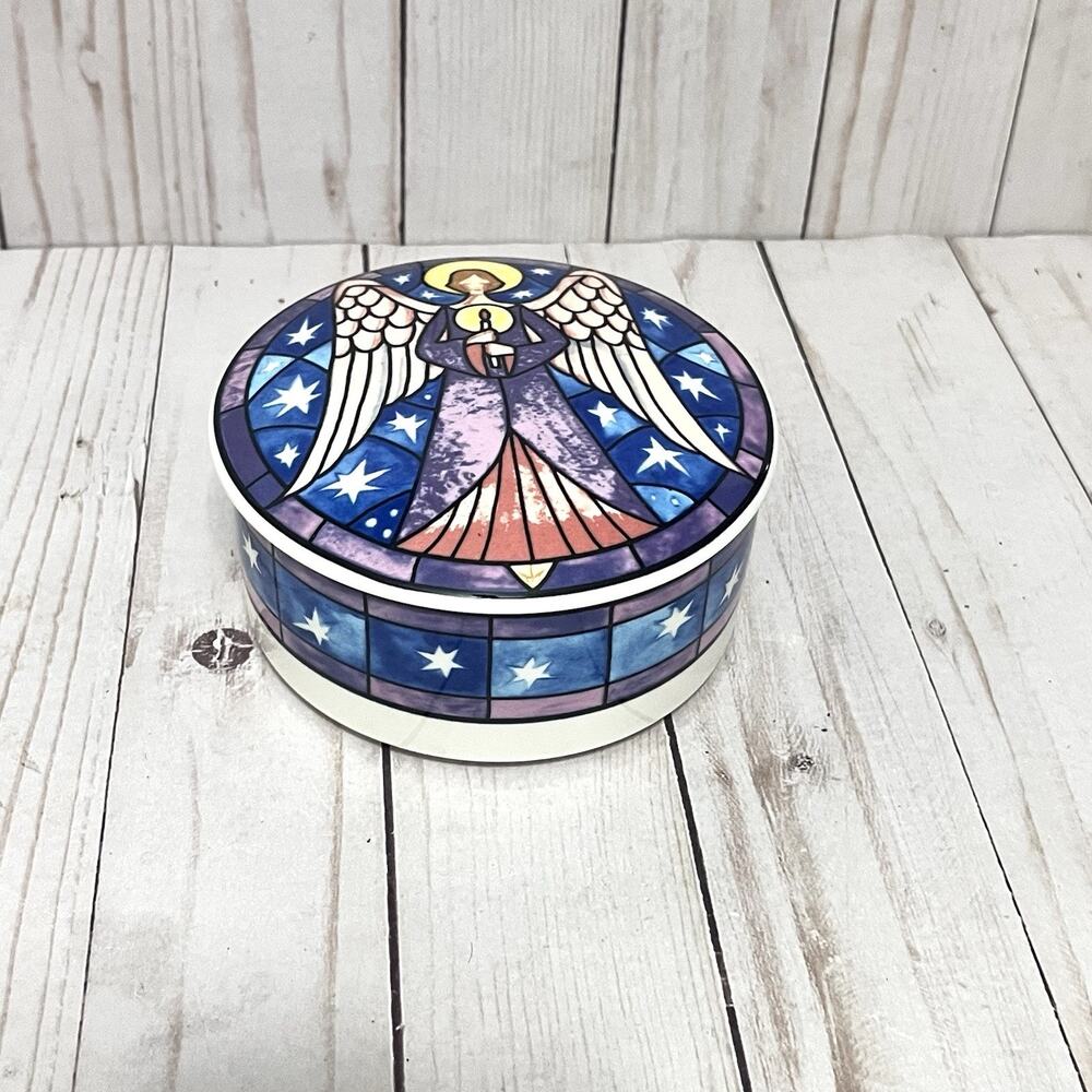 Mikasa Angel Covered Trinket Box Jewelry Dish HK501 Stained Glass Style